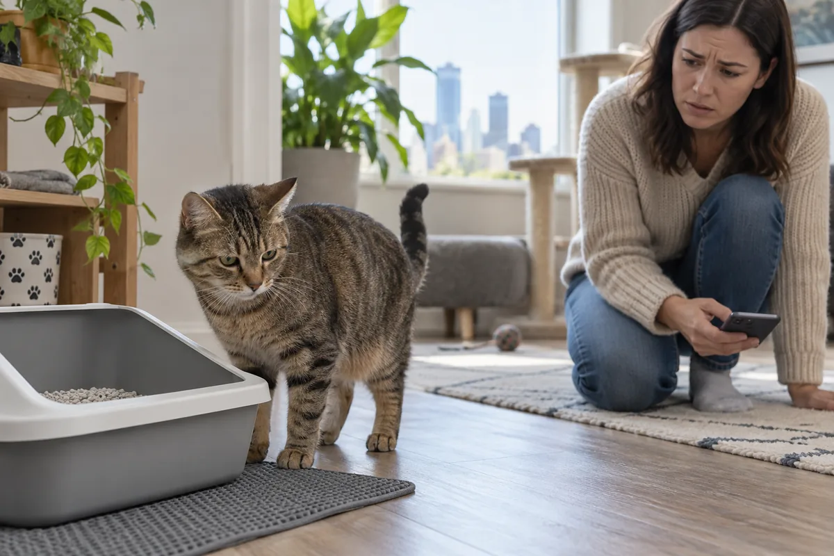 Cat beside a litter box while its owner watches for urinary symptoms