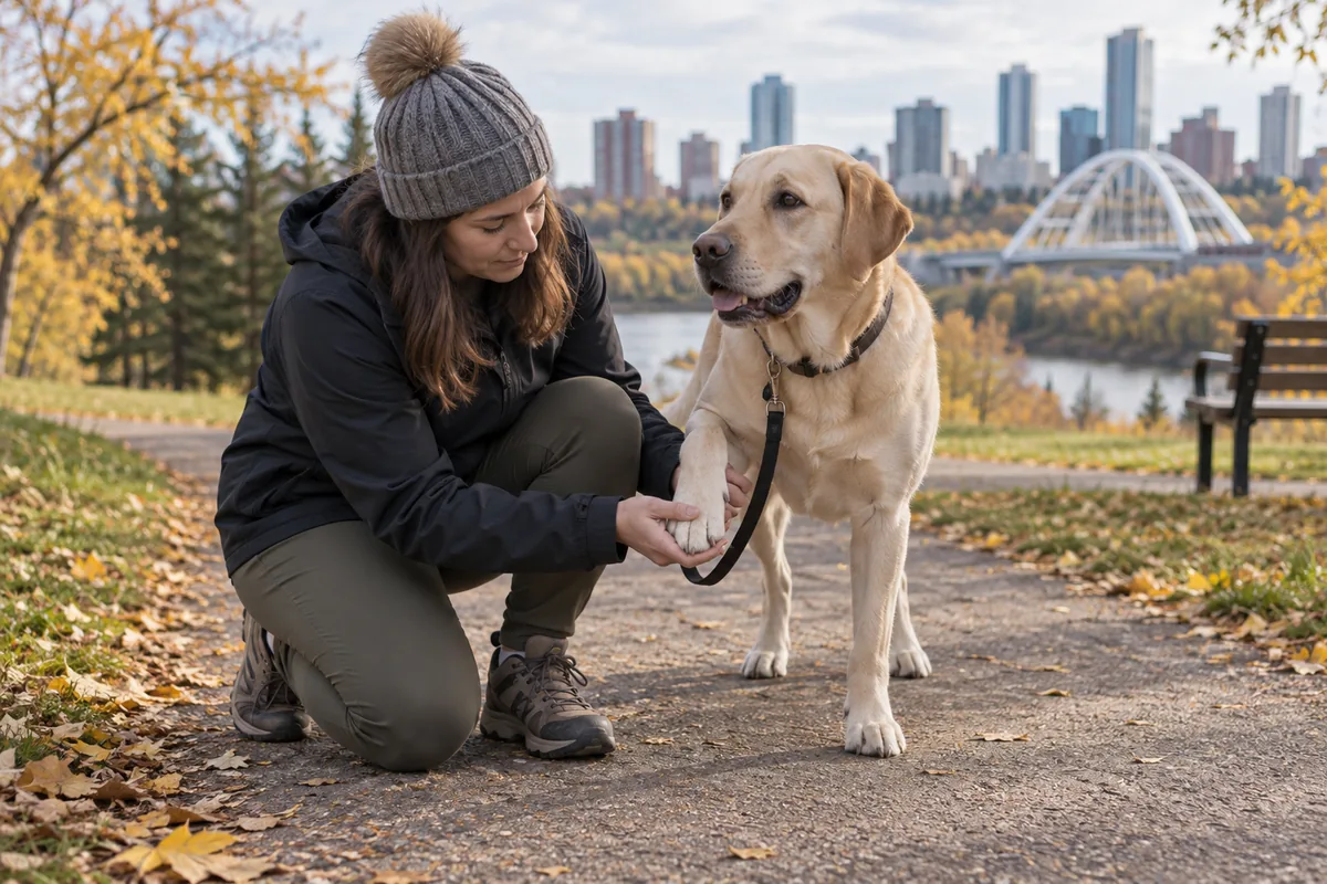 Owner checking a Labrador’s paw during a walk