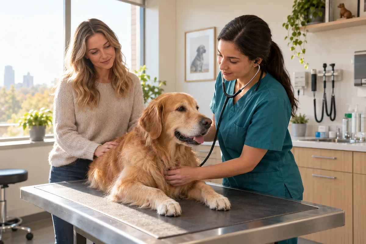 Veterinarian examining a golden retriever with its owner in a clinic
