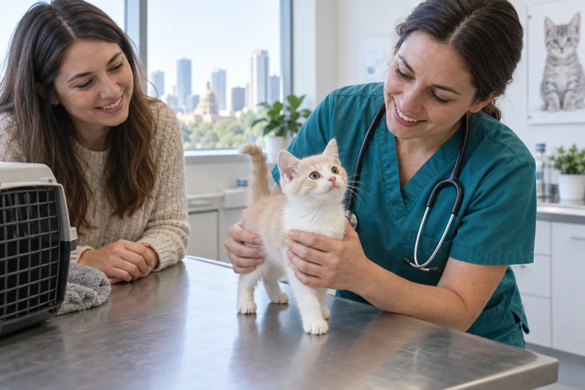 Veterinarian gently handling a kitten during a clinic visit