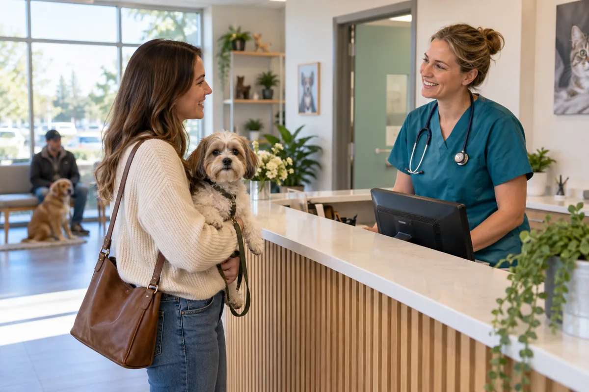 Owner arriving with a small dog at a veterinary clinic reception