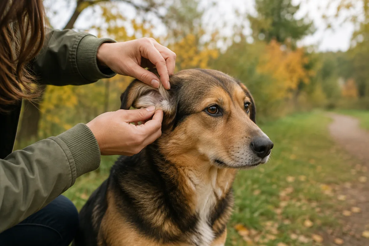 Owner checking a dog’s coat for ticks after a walk in Edmonton