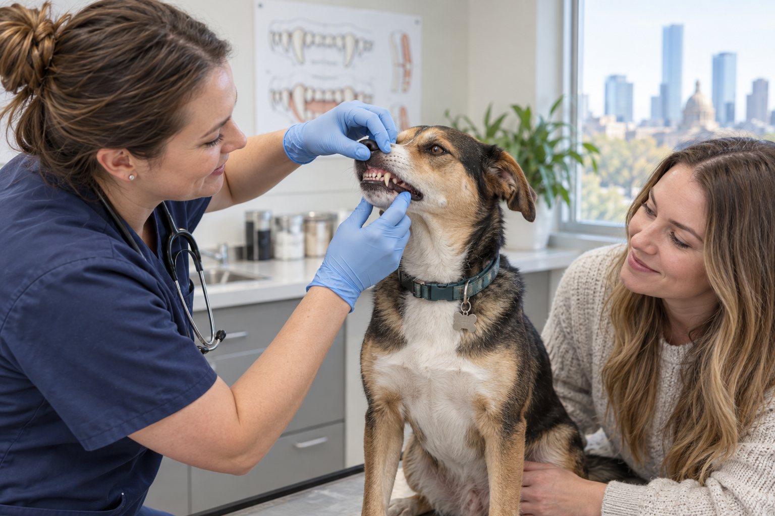 Veterinarian examining a dog’s teeth with its owner present