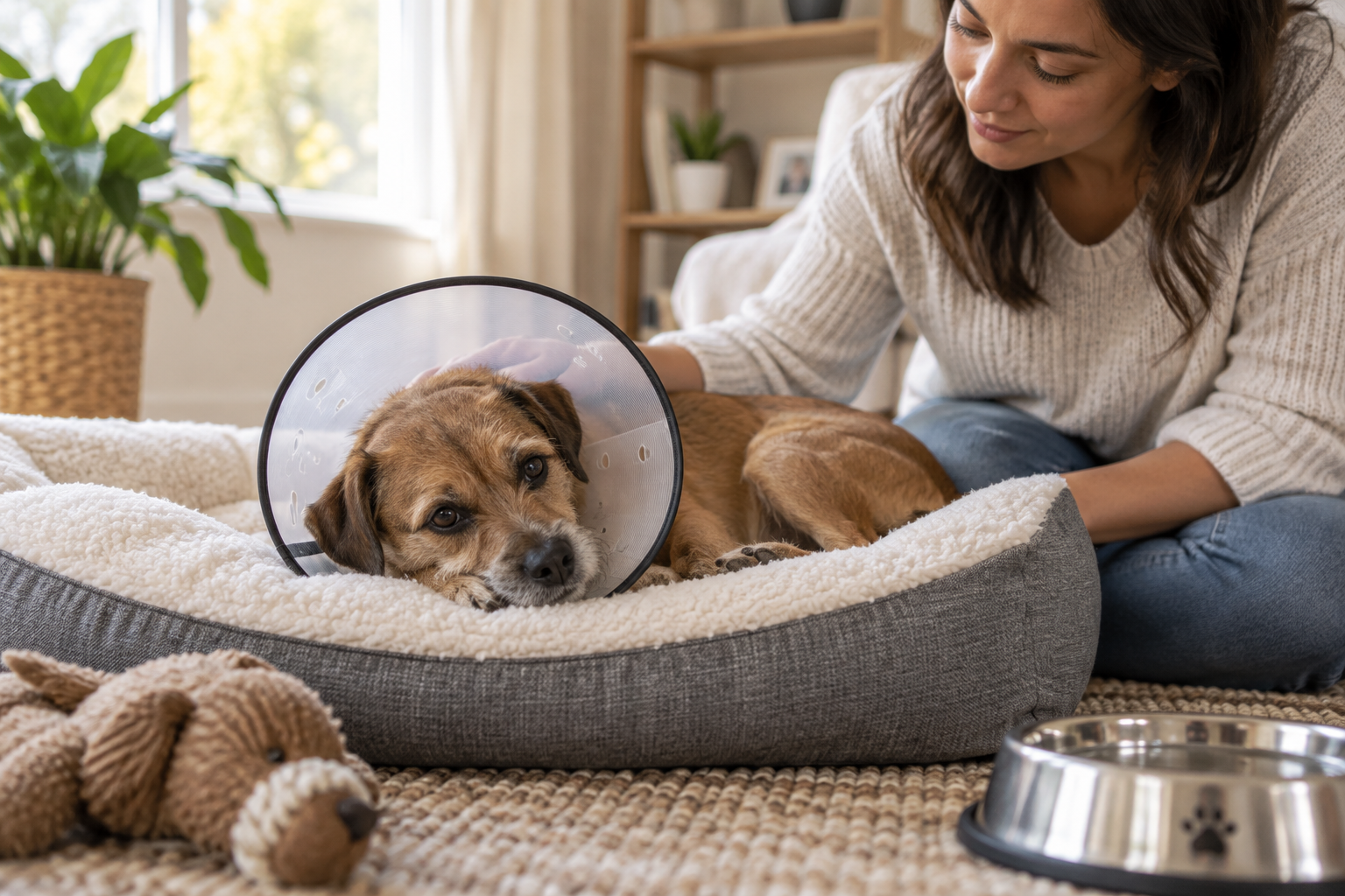 Dog resting at home in a recovery cone after surgery